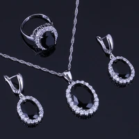 amazing oval egg black cubic zirconia white cz silver plated jewelry sets earrings pendant chain ring v0283