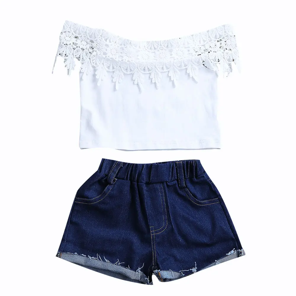 Новейшая модная одежда из 2 предметов для маленьких девочек белые кружевные топы