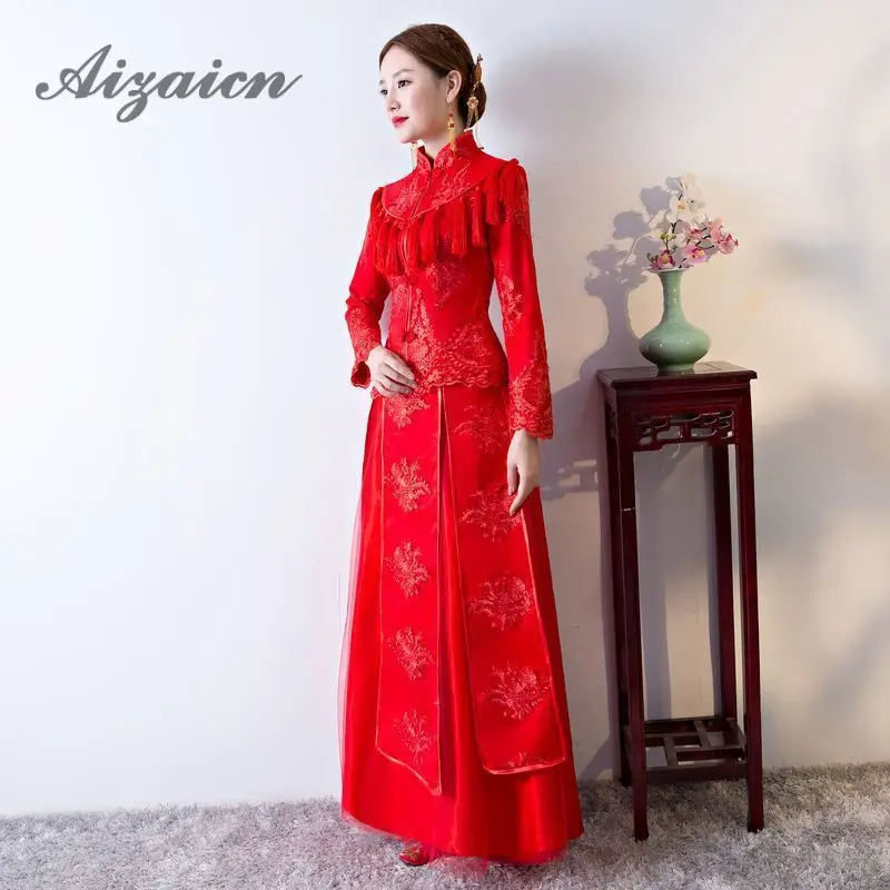 Красный невесты с кисточками Cheongsam Современные длинные платья Qi Pao женское свадебное платье традиционное китайское свадебное платье Qipao Femme