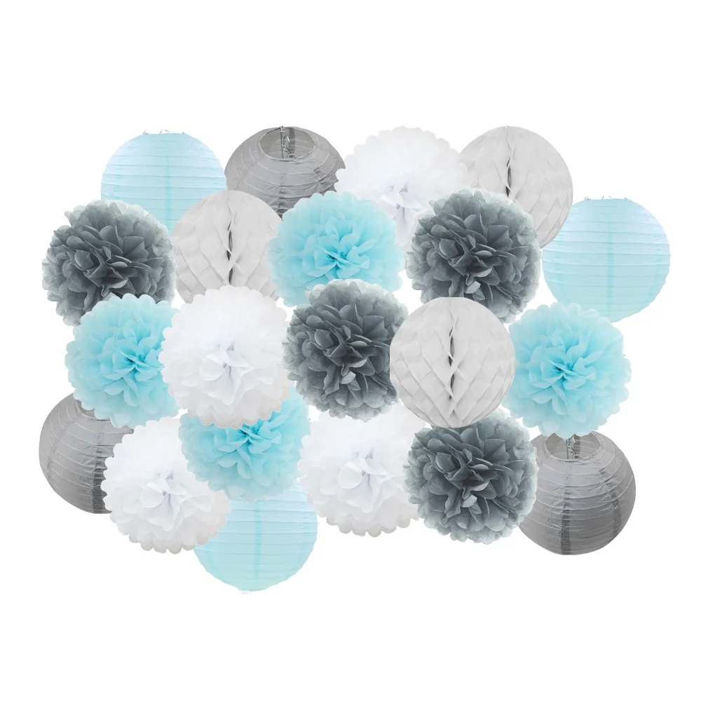 light blue grey set Горячая распродажа 21 шт./компл. розовый набор круглых Бумага Фонари для маленьких девочек украшение для детей крещение вечерние декор висит Изделия из бумаги орнамент - Цвет: light blue grey set