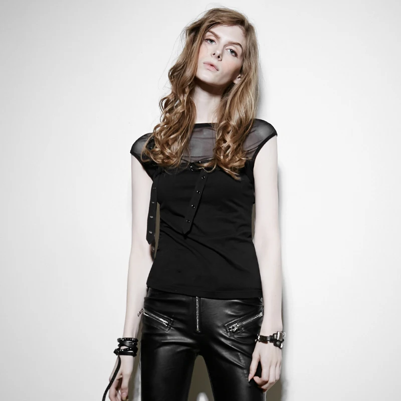 

Punk Summer Ladies Tie Loops Sleeveless O-Neck T-Shirt Fashion Sexy Translucent Casual Bodycon Slim Tee Shirt Tops