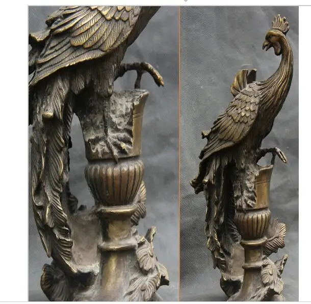 bronze Pure Copper Old Qing Ming Brass 10&quot Chinese FengShui Stand FengHuang Phoenix Bird Beast God Palace Statue |