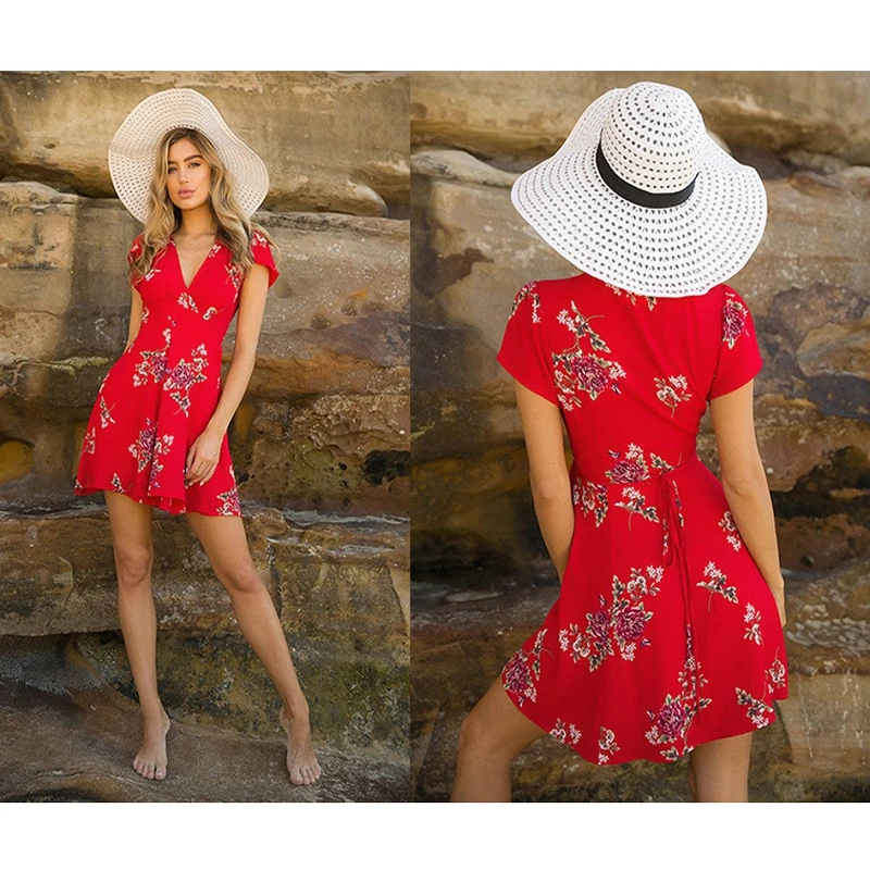 2019 летнее женское мини богемное Цветочное платье Летнее пляжное с коротким