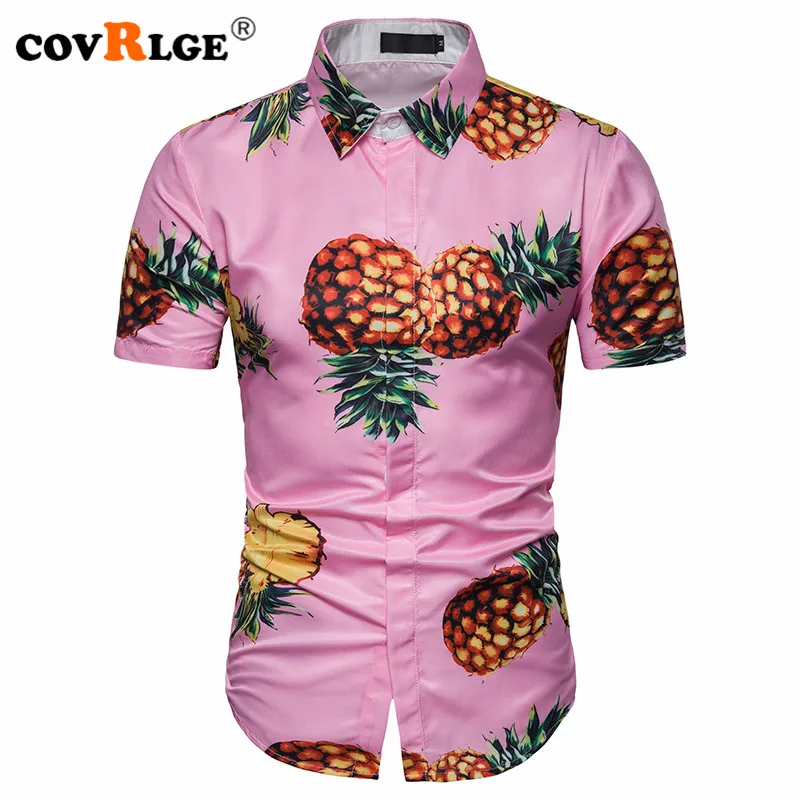 Covrlge Men's Summer Polyester 3D Pineapple Fruit Print Beach Shirt Turn-down Collar Short-sleeved Single Breasted Shirts MCS086