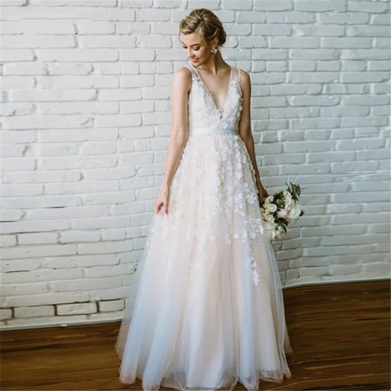 

Eightale Princess Wedding Dress Lace 2019 Appliques V-Neck A-Line Floor Length Bridal Gown Backless vestido de noiva 2019