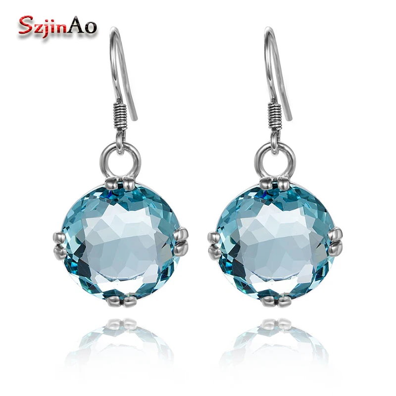 Szjinao сверкающие модные серьги круглый Аквамарин Boho Soild 925 пробы серебряные серьги для женщин Свадебные ювелирные изделия
