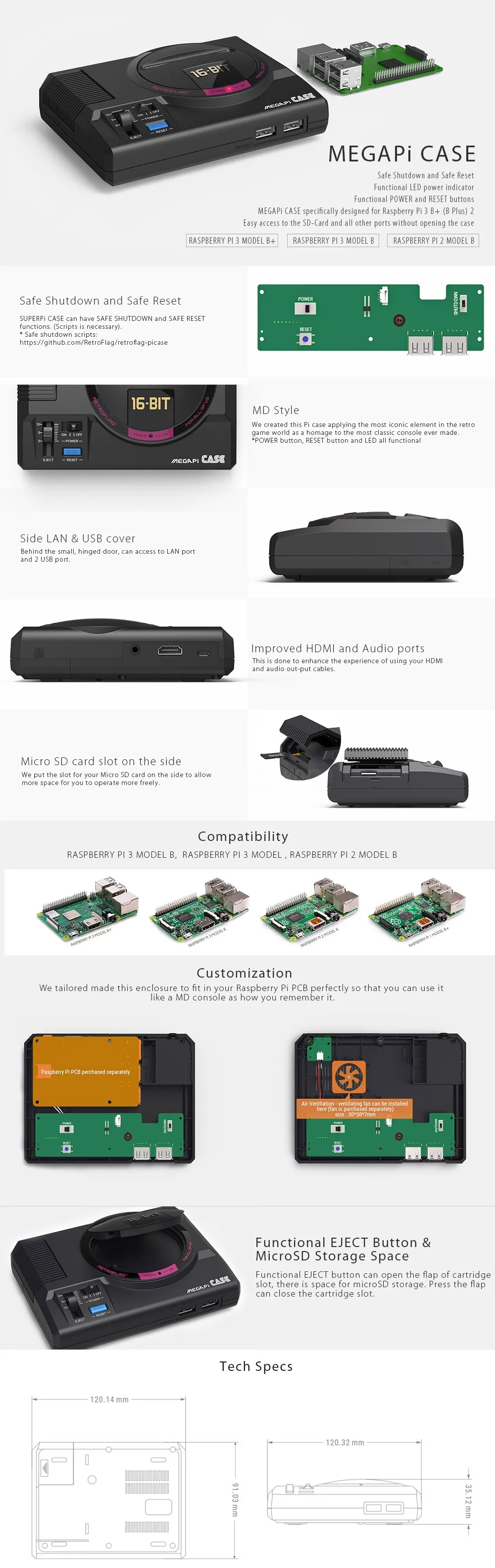 MEGAPi чехол Retroflag Retropie MD Raspberry Pi игровая консоль+ USB проводной геймпад игровой контроллер для Raspberry Pi 3 Model B+(плюс