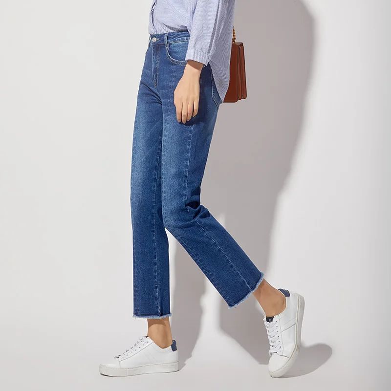 LEIJIJEANS New Autumn Tassel Medium Blue Color High Waist Ankle Length Plus Size L Bleached Slim Straight Jeans Women Denim 7164 | Женская