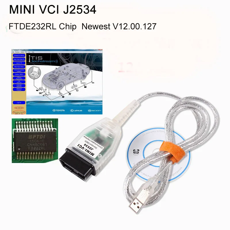 Для Toyota MINI VCI J2534 TIS Techstream новейшая V12.00.127 для с FTDE232RL чип OBD2 диагностический