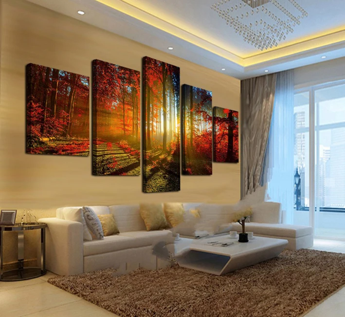 Оригинальный Холст с масляными чернилами солнечный свет через Красные Деревья