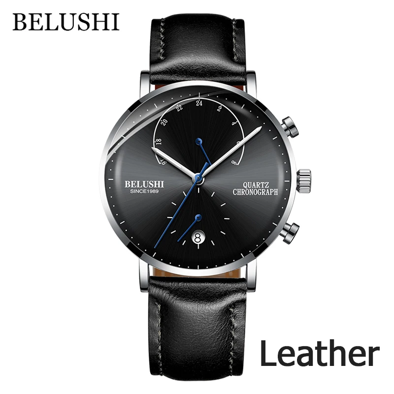 Black Silver Black BELUSHI Лидирующий бренд Мужские часы с кожаным ремешком Кварцевые водонепроницаемые часы мужские модные Хронограф Роскошные мужские спортивные наручные часы - Цвет: Black Silver Black