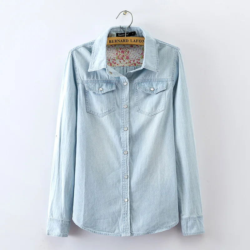 Женская Джинсовая блузка Повседневная Весенняя рубашка с отложным воротником и