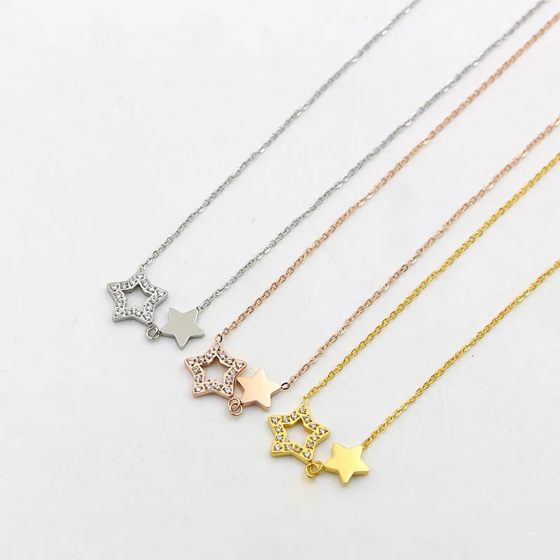 Модное ожерелье из нержавеющей стали с кулоном в виде двойной звезды кристаллами