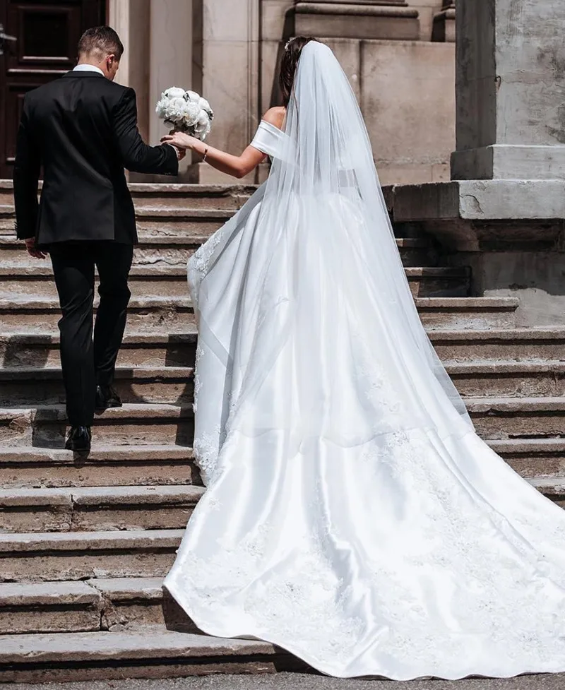 Белое Атласное свадебное платье Vestido De Noiva 2019 бальное с открытыми плечами пышное