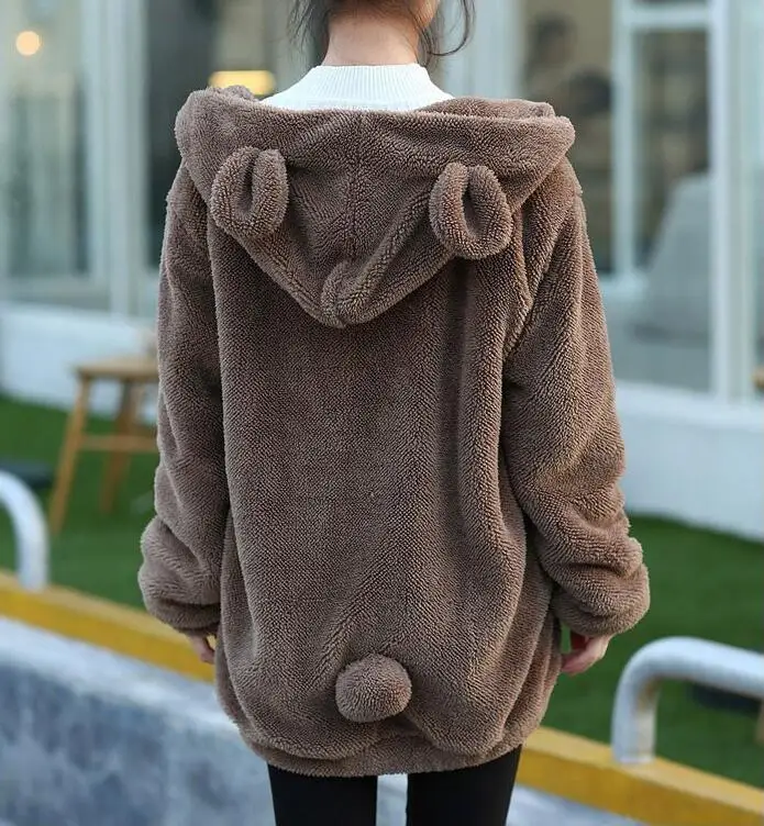 

Winter Women Zipper Girl Loose Fluffy Bear Ear Hoodie Warm Sweatshirt