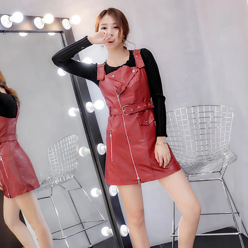 2018 женское платье на молнии из искусственной кожи сарафан сексуальные платья