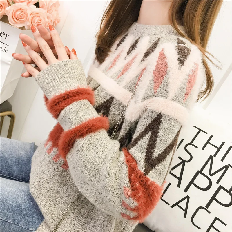 Женский Свободный Повседневный пуловер из мохера с длинными рукавами круглым