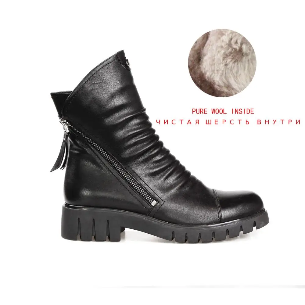 black-wool BALLEI/Роскошные плиссированные женские ботильоны из высококачественной натуральной кожи; черные мягкие полусапожки на низком каблуке с круглым носком; теплые ботинки; B14 - Цвет: black-wool