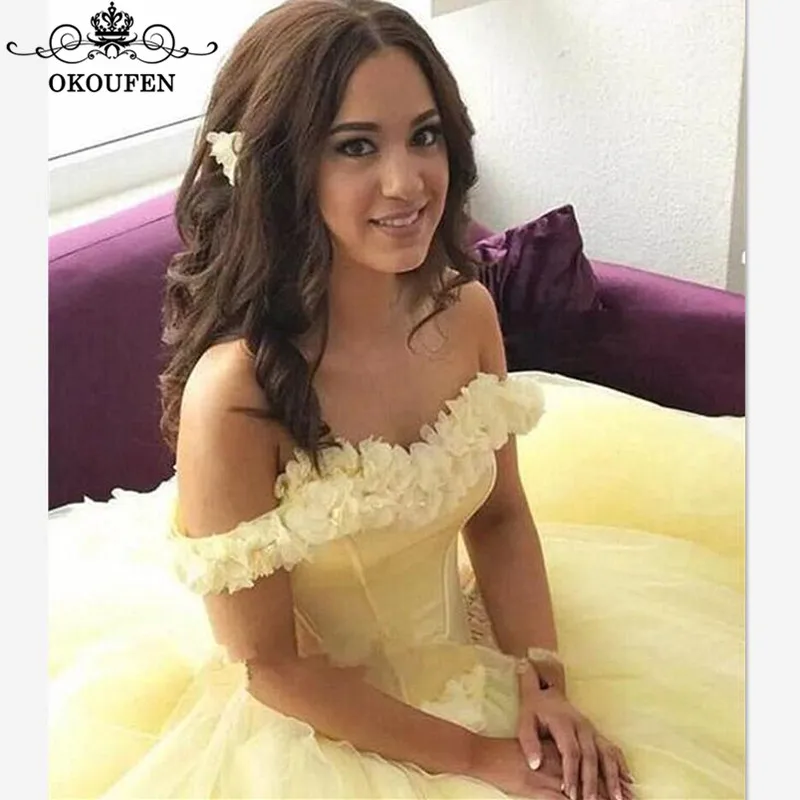 Luxury Hand Made Flowers Yellow Quinceanera Dresses Puffy Ball Gown Off Shoulder Long Chapel Train Prom Dress For Girls