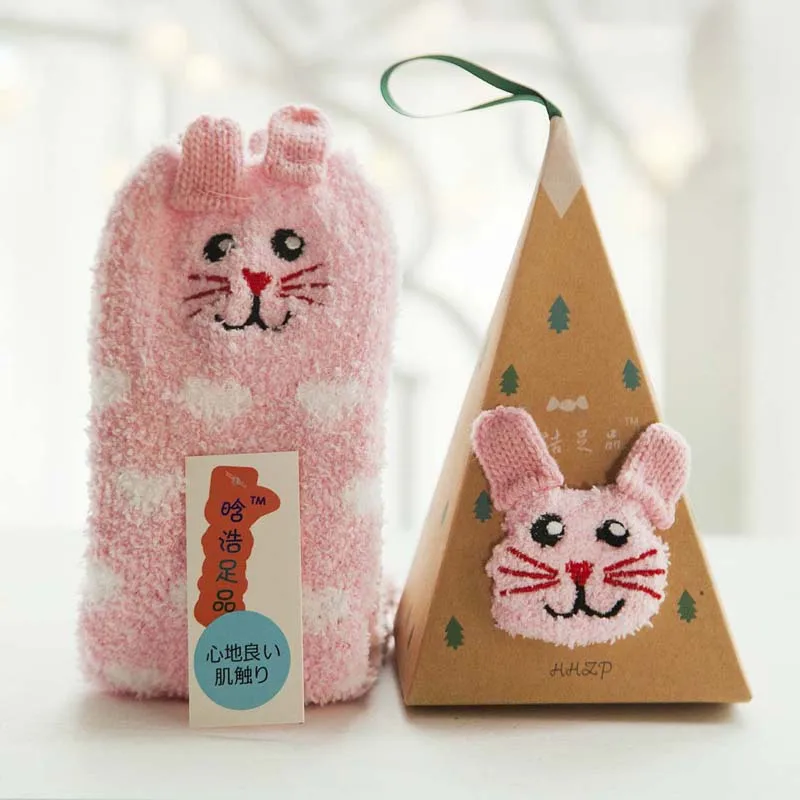 pink cat Рождественские носки для женщин, зимний подарок, 3D дизайн, пушистый бархат кораллового цвета, толстый, полотенце, пол/носок для сна, высокая Подарочная коробка, 5 пар - Цвет: pink cat