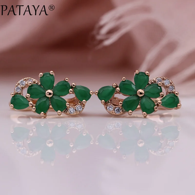 Green PATAYA, новые женские серьги, 585, розовое золото, зеленый цвет, капля воды, натуральный циркон, модное ювелирное изделие, милый подарок, свадебные висячие серьги с цветами - Окраска металла: Green