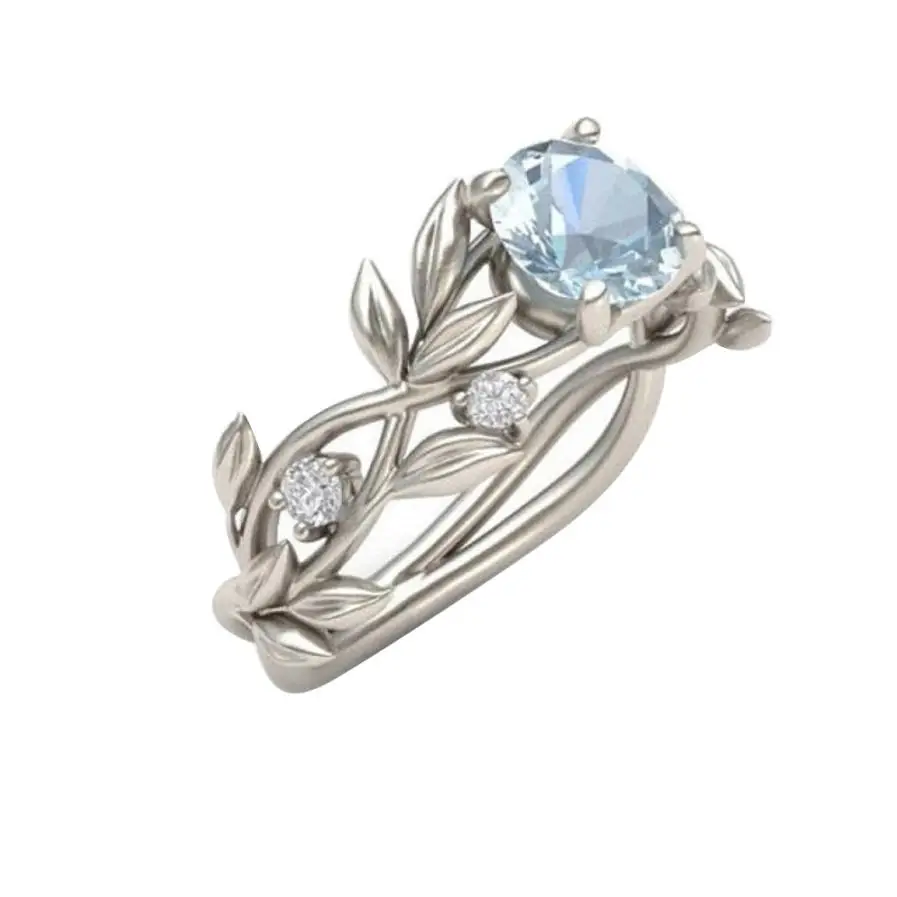 Top Quality Princess Women's Silver Floral Transparent Crystal Flower Vine Leaf Blue Gem Created Jewelry Ring | Украшения и