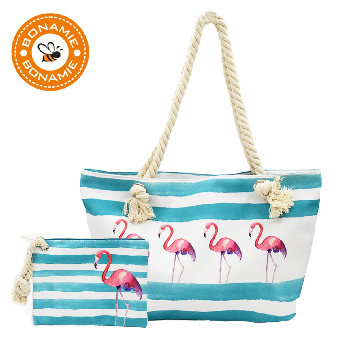 BONAMIE 2Pcs/lot Flamingo Women Tote Handbags Canvas Female Single Shoulder Bags Casual Hemp Rope Beach Bags Set Wet Bikini Bag