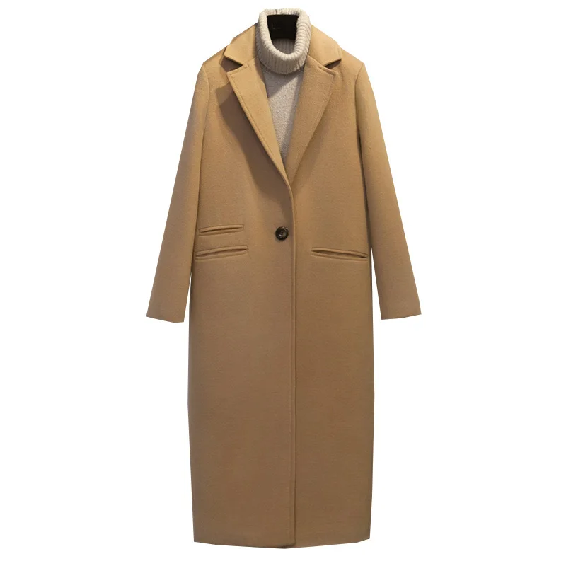 Зимние куртки 2018 для женщин полушерстяные пальто с лацканами карман Oversize Длинная