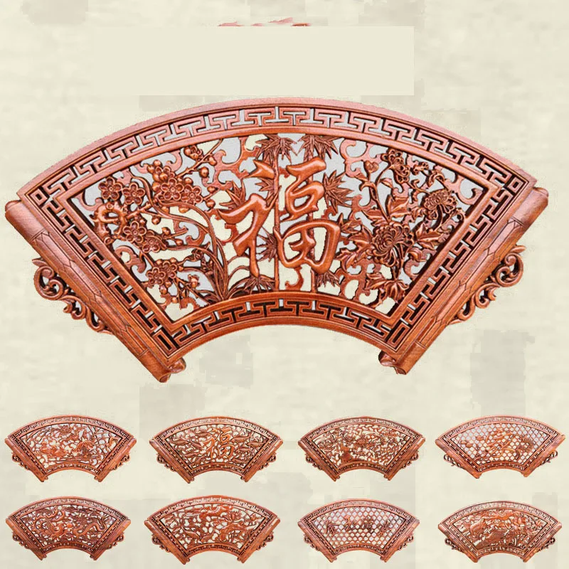 Colgantes de talla de madera en forma de abanico para sala de estar, colgante de pared redondo de bendici&oacute;n, decoraci&oacute;n de estilo chino, pintura de fondo, 40x80cm-1