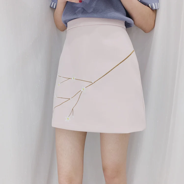 Женская юбочка с высокой талией весенняя Корейская цветочной вышивкой|skirt