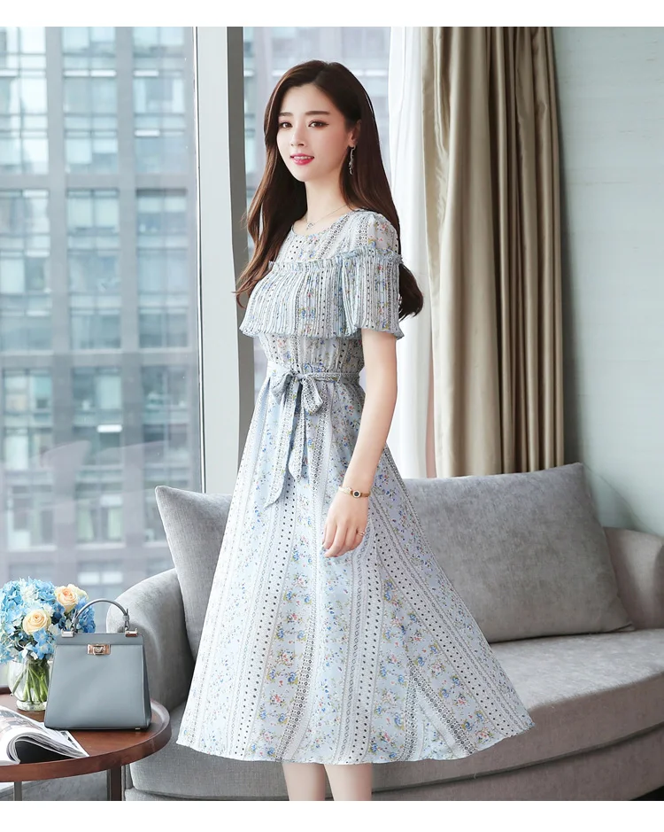 Jielur Vestidos De Festa шифоновое платье с цветочным принтом и поясом в Корейском стиле женское летнее винтажное модное ЦЕЛЬНОКРОЙНОЕ ПЛАТЬЕ С Подкладкой Vestido Femme