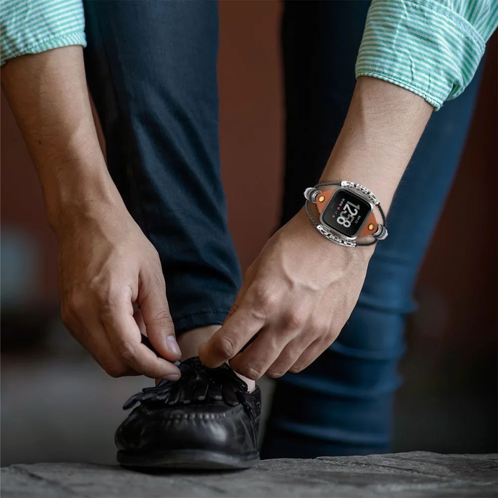 Для FitbitVersa ремешок из натуральной кожи ретро Досуг Женский браслет для Versa Lite Ремешки для наручных часов двойное кольцо Ретро ремешок на запястье
