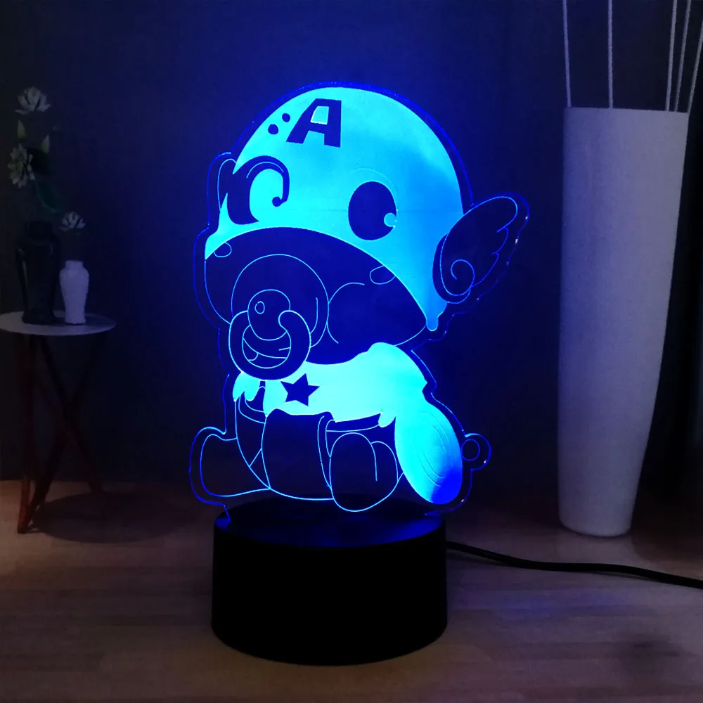 Фильм Marvel мультфильм милый ребенок издание Капитан Америка 3D 7 цветов USB База LED
