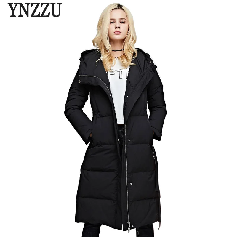 YNZZU Новая зимняя Женская 90% белая куртка на гусином пуху Элегантное Длинное OL пальто женское плотное теплое Свободное пальто с капюшоном AO730