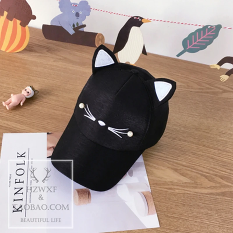 Женские милые Солнцезащитные кепки с кошачьими ушками в консервативном стиле для девочек, унисекс, черные, белые, розовые кепки - Цвет: Black