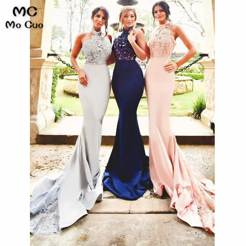 B Off Shoulder Mocuo темно-синее с юбкой-годе платья для подружки невесты с аппликацией; длинные брюки для девочек эластичные атласная Свадебная вечеринка платье с лямкой на шее для подружки невесты - Цвет: B Off Shoulder