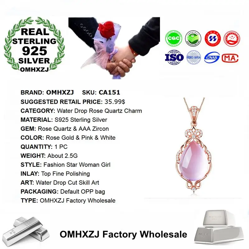 OMHXZJ Wholesale European Fashion Woman Girl Party Gift Rose Quartz AAA Zircon S925 Sterling Silver Necklace Pendant Charm CA151 | Украшения