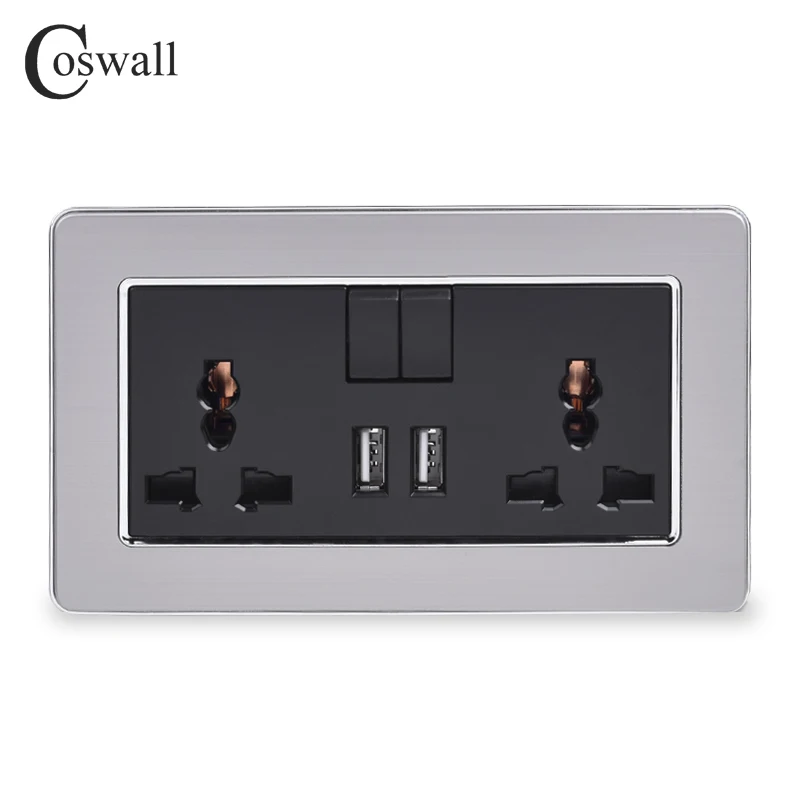 COSWALL 2 банды 13A универсальная Коммутируемая розетка двойной USB порт зарядки выход 2.1A настенная розетка из нержавеющей стали матовая панель