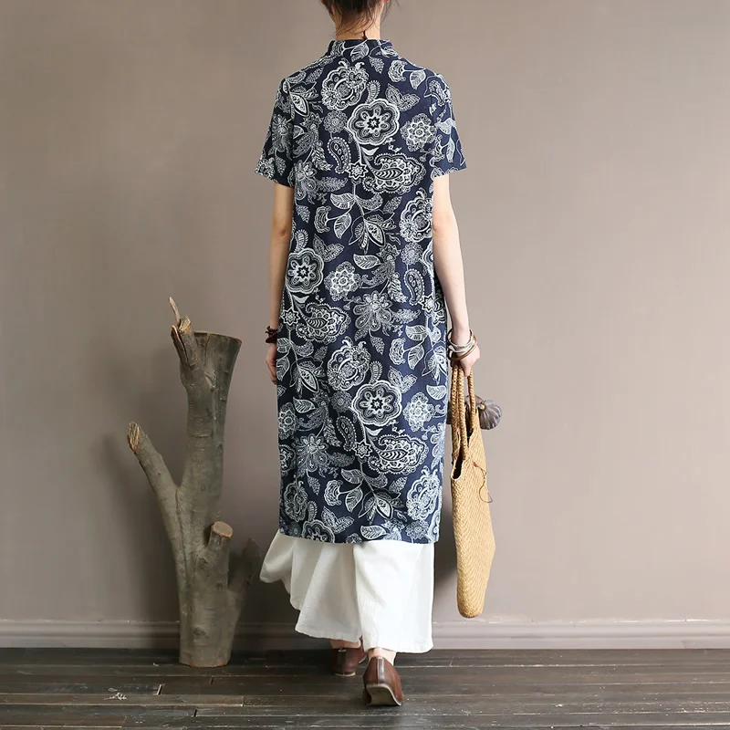 Женское винтажное платье Qipao повседневное летнее до колена из хлопка и льна с
