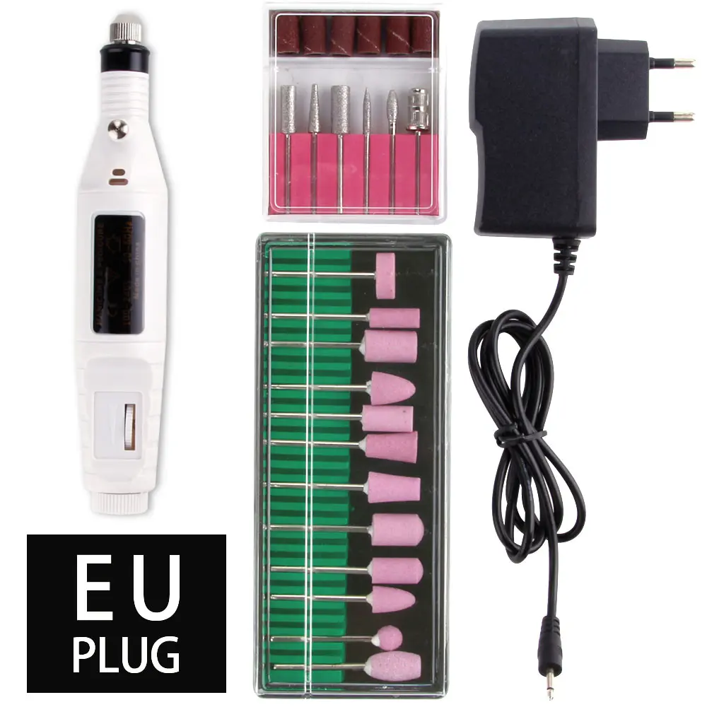 White EU Plug 1 Набор мощная профессиональная электрическая дрель для ногтей, маникюрные инструменты, набор керамических сверл, роторные заусенцы, мельница для кутикулы, напильник - Цвет: White EU Plug