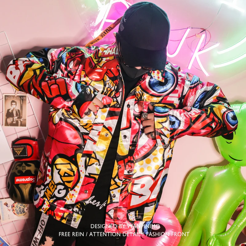 

2020 Cantante masculino tiene traje de hip hop ds nuevo estilo noche satén color graffiti Chaqueta hombre Jacket,