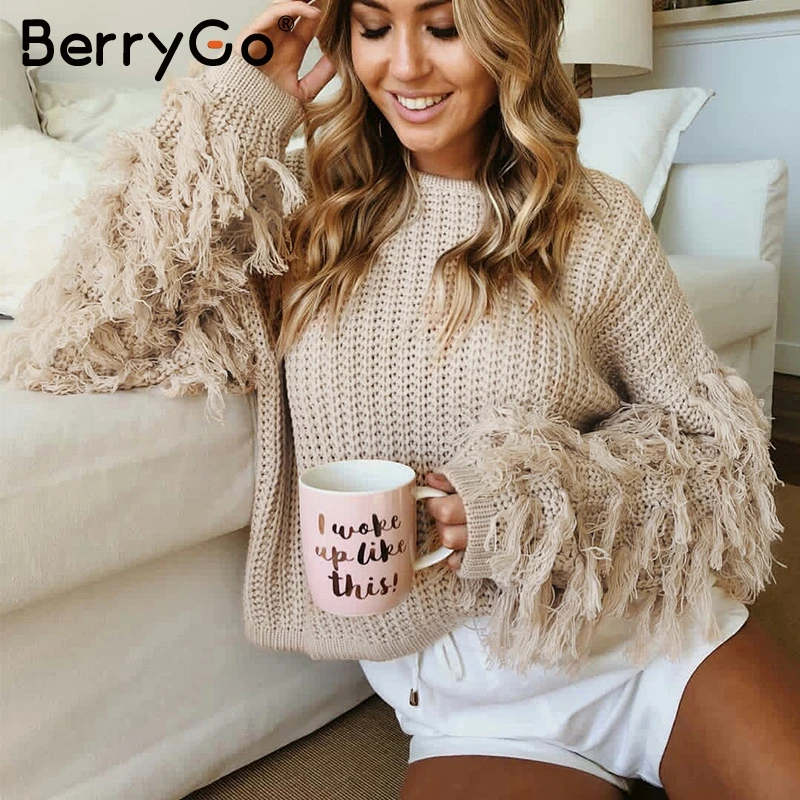 BerryGo Vintage tassel o neck sweater women Streetwear long sleeve winter jumpers 2018 Army green pullover femme jumper | Женская одежда
