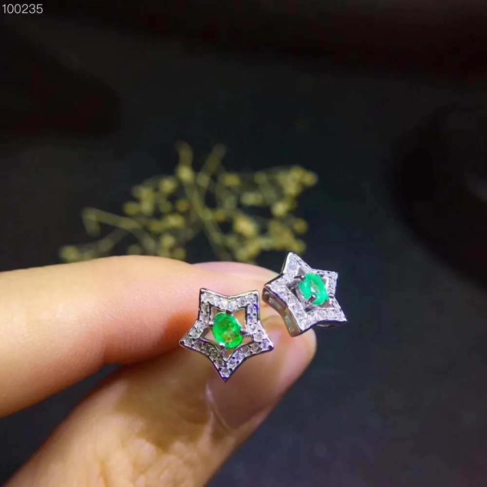 

Star Style Natural emerald earring Free shipping Real original emerald 925 sterling silver Gem 4*5mm 2pcs