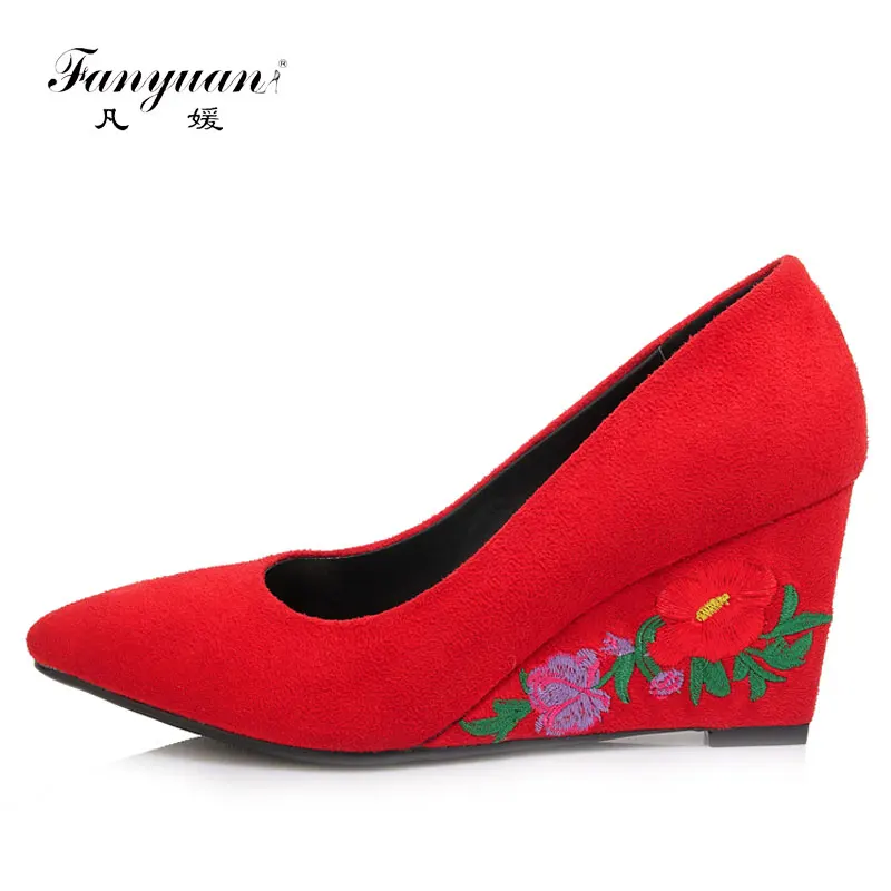 Женские туфли-лодочки Fanyuan на танкетке винтажные туфли из флока с цветочной