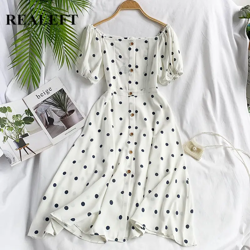 REALEFT 2019 New Arrival Off the Shoulder Women Dress Elegant Dot Print Slash Neck High Waist Summer Sexy Party Beach Dresses | Женская