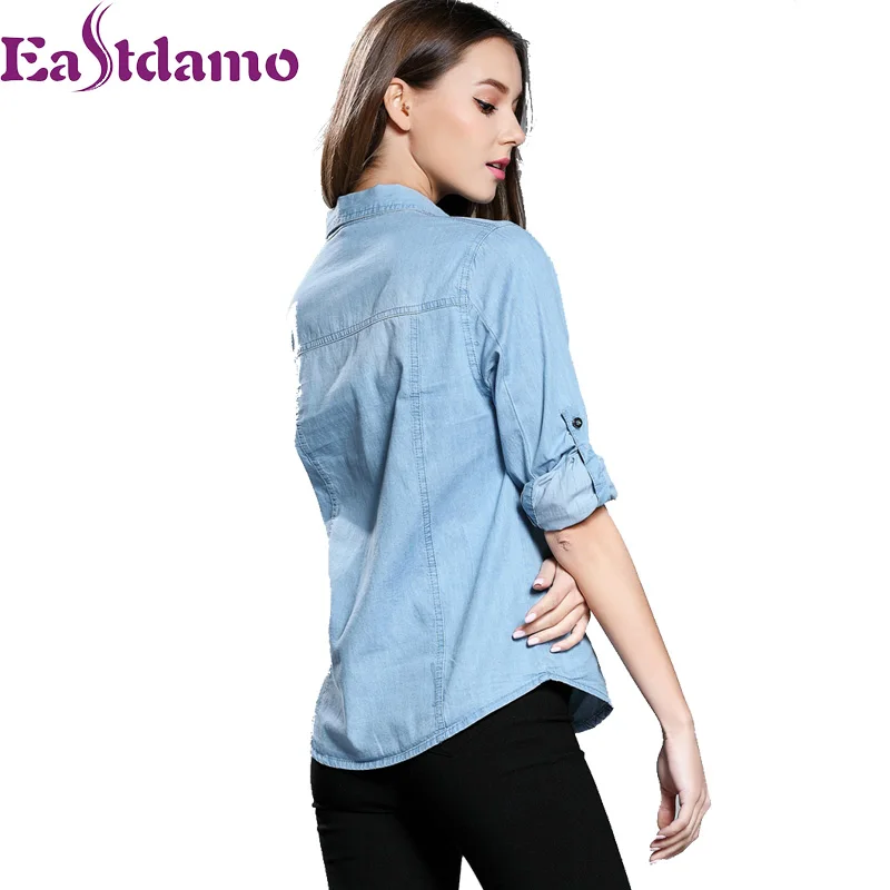 Eastdamo новый осень 2017 г. женские джинсовые рубашки Slim с длинным рукавом синие