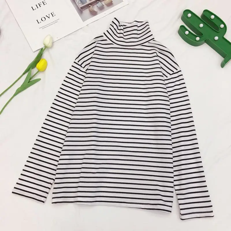 Women's Clothing High Quality Autumn Shirt Stripes Hoodies Sweatshirts Casual Black White Striped Thin Bottoming T-shirts | Женская