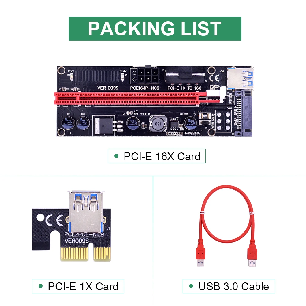 CHIPAL Dual LED 009S PCIE PCI E Riser Card 009 Express 1X до 16X 4Pin 6Pin SATA Power 0 6 M USB 3 кабель для майнинга