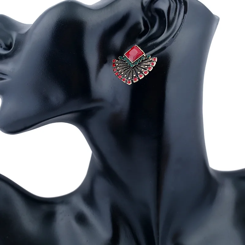 Женские винтажные серьги-гвоздики в форме веера красные и зеленые серьги с