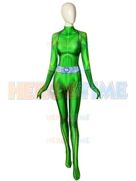 Sam fully Spies Косплей Костюм DyeSub печать зеленый комбинезон из лайкры Zentai костюм для